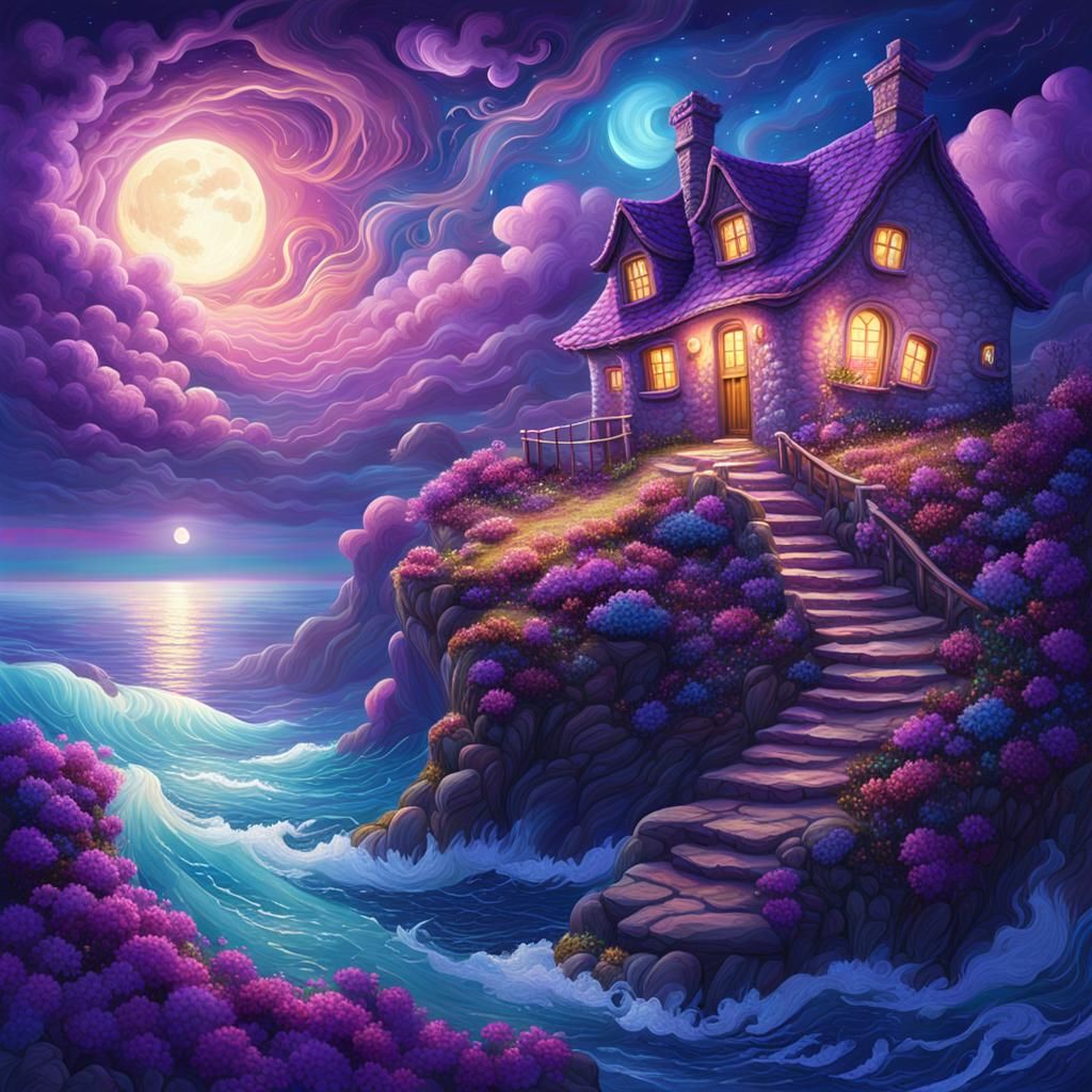 Mystical Cottage Overlooking Moonlit Sea in Cosmic Style