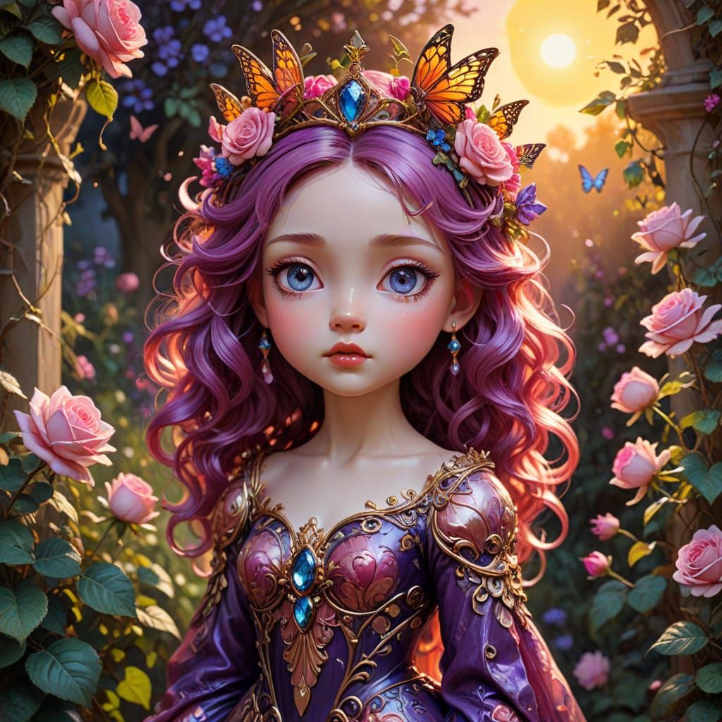 Chibi Queen in Enchanted Garden, Surreal Fantasy Art