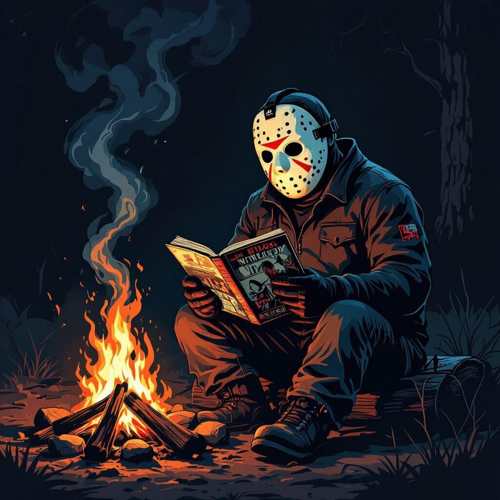 Jason Voorhees Reads Comic By Campfire in Dark Fantasy Style