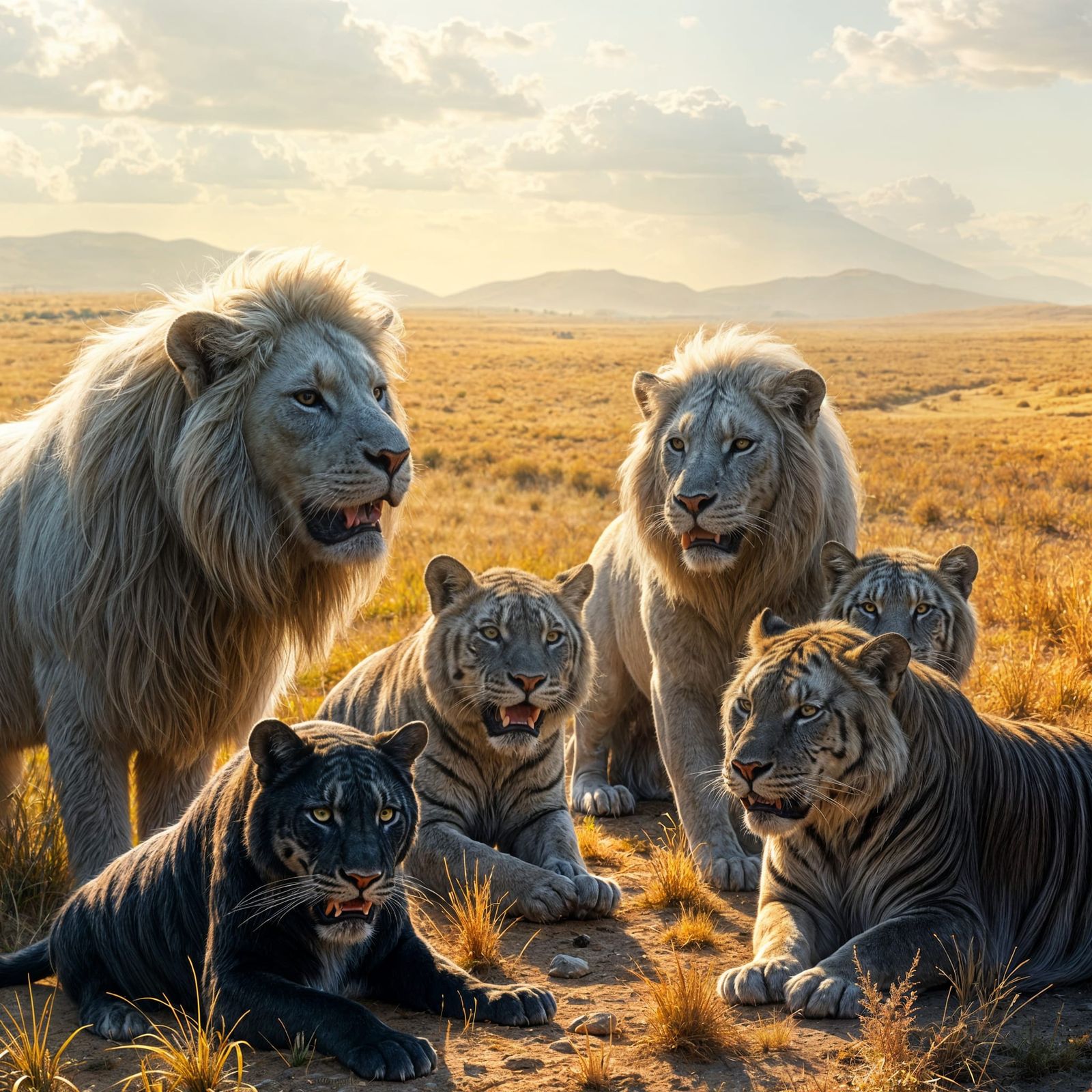 White Lionesses, Black Panthers, and Tigers Panorama