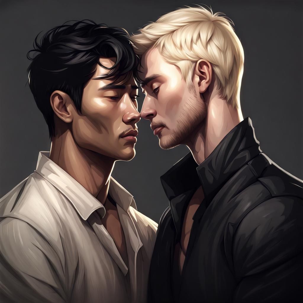 Romantic Embrace of Two Men in Shadows