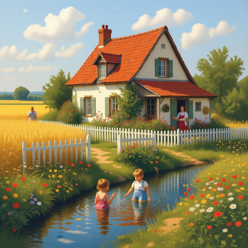 Idyllic Village Scene in Impressionist Style