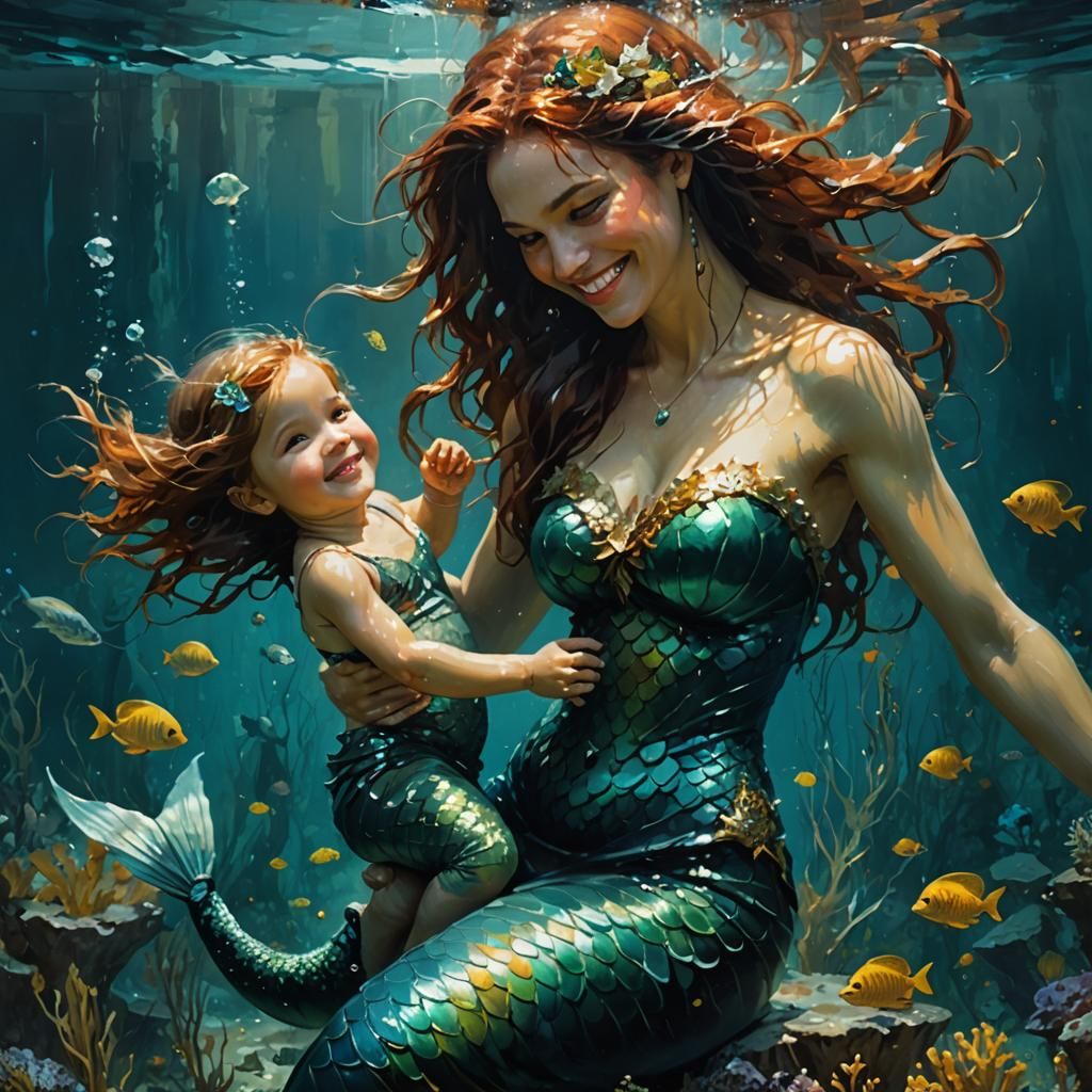 Mermaid Mother and Child Underwater Painting