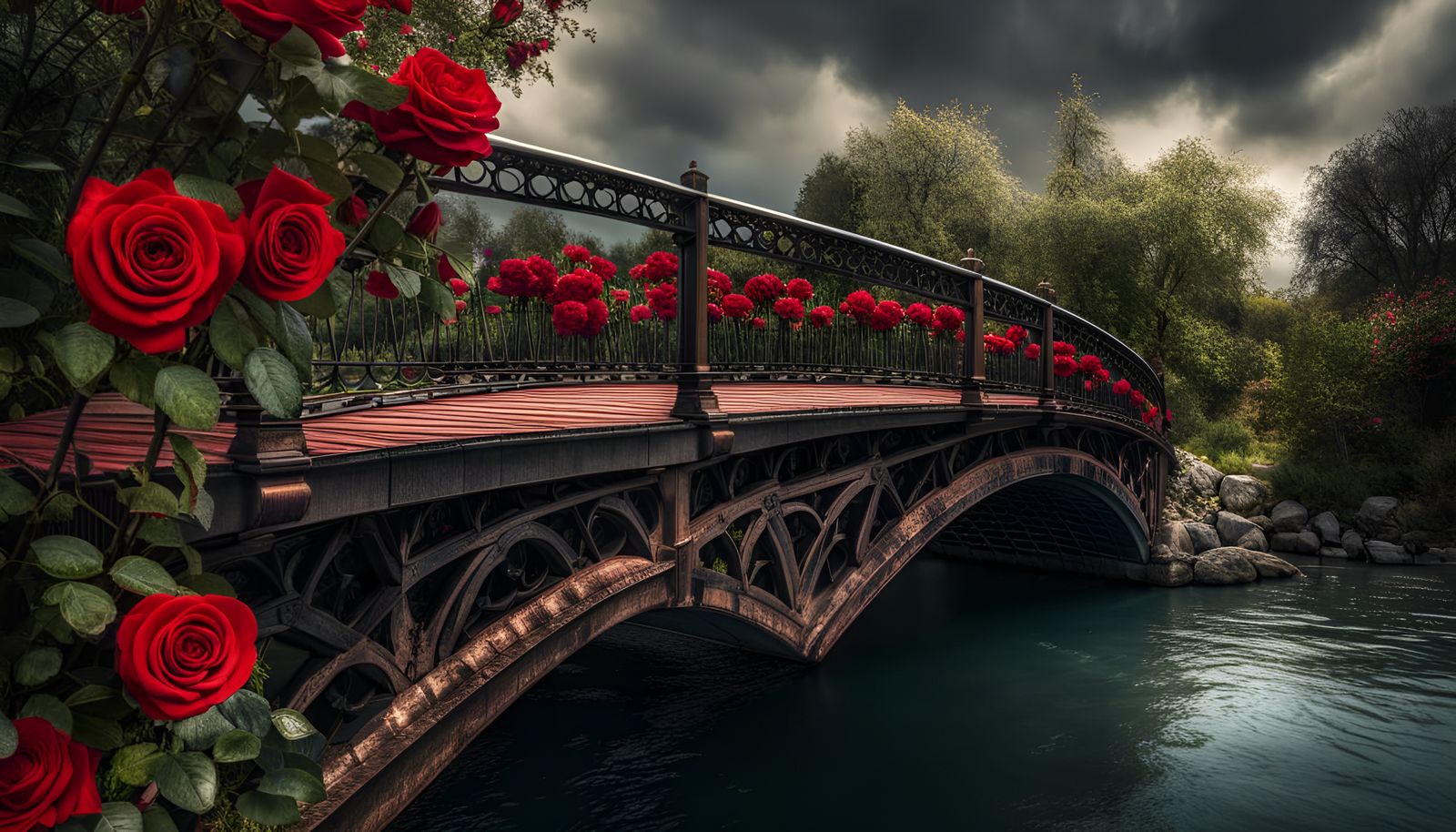 Bridge with Red Roses: Hyperrealistic HDR Photography