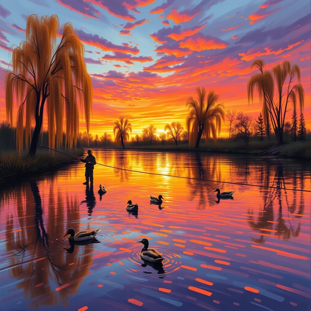 Serene River Landscape at Dusk with Impressionist Brushstrok...