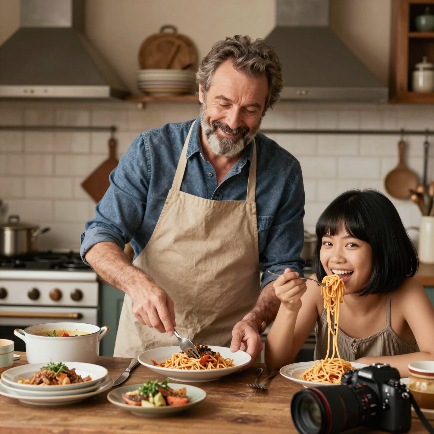 Italian Chef and Thai Girl Enjoying Meal in Rustic Kitchen