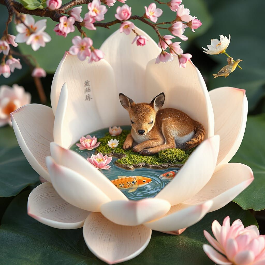 Whimsical Deer in Lotus Fantasy Scene