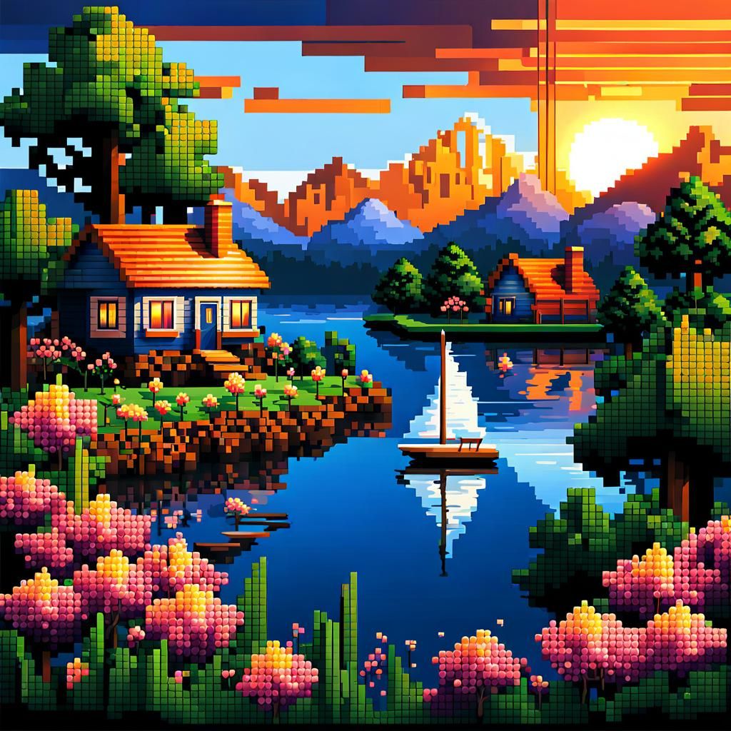 Pixel Art Sunset Scene with Sailboat and Cottages
