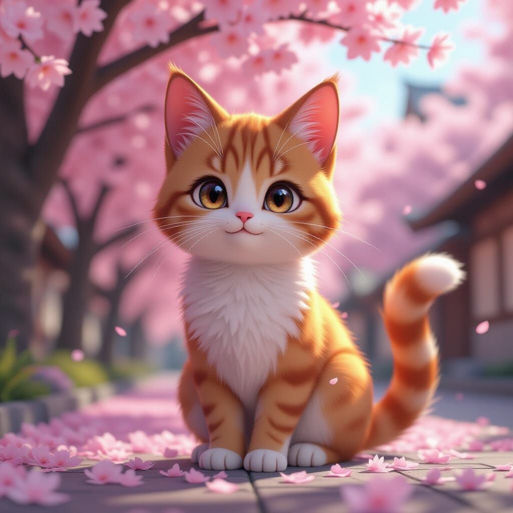 Brown Cat Amidst Cherry Blossoms in Anime Style
