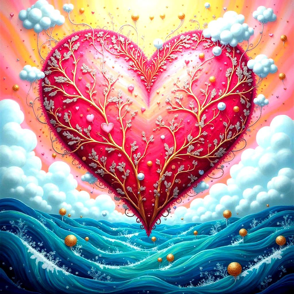 Dreamy Candy Stripe Sky with Hearts Over Teal Ocean in Intri...