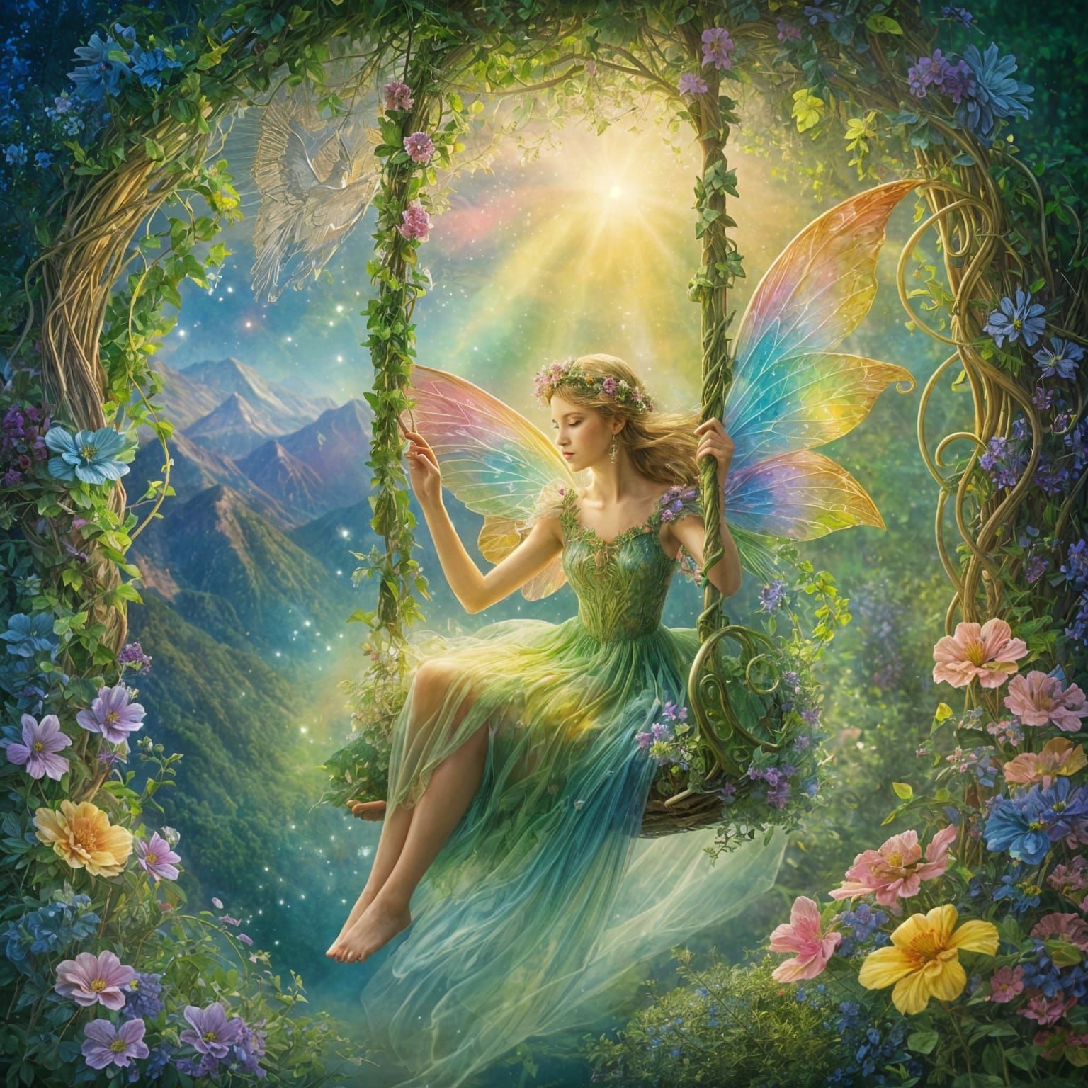 A beautiful fairy princess with huge rainbow translucent win...