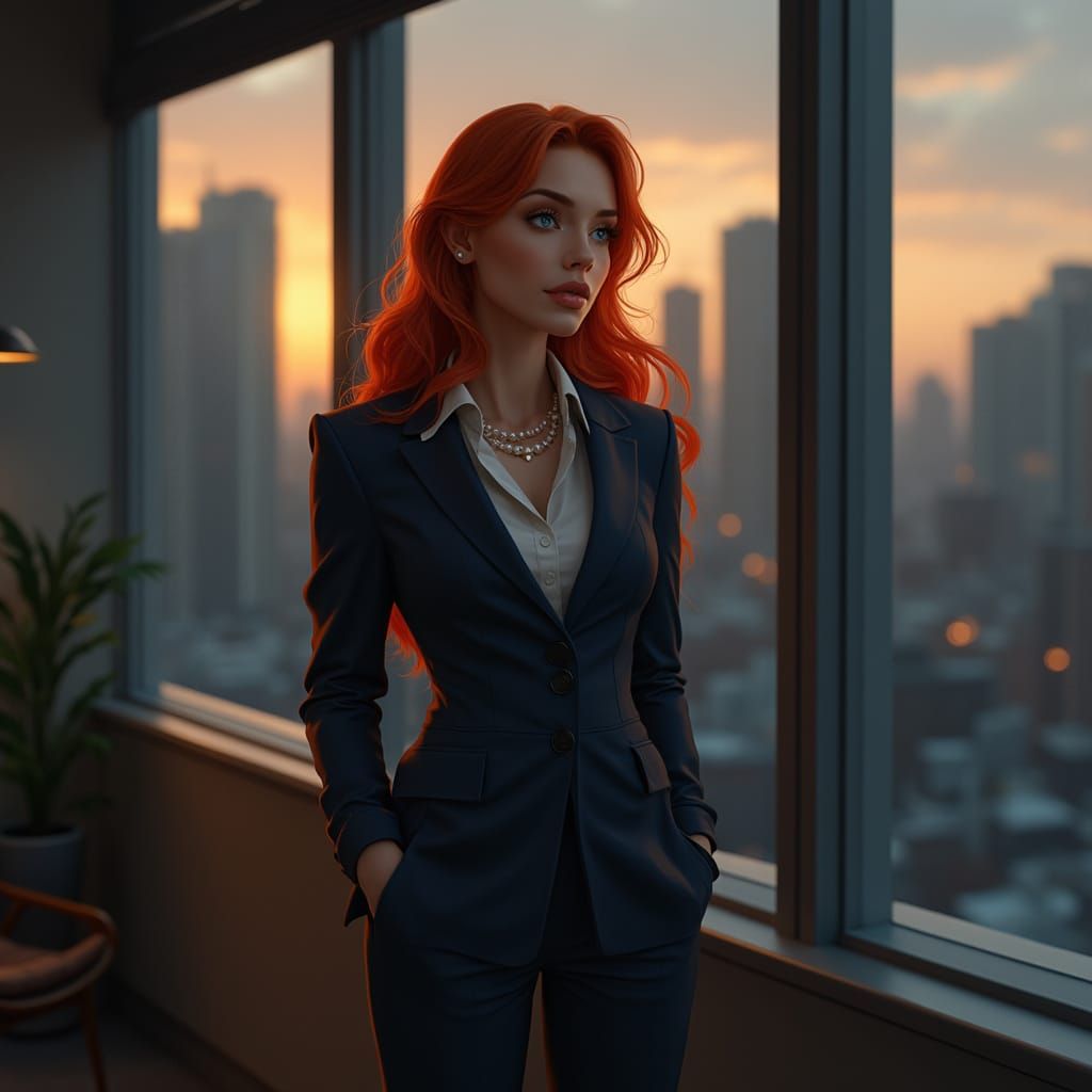 Red-Haired Woman in Office: Hyper-Realistic Portrait