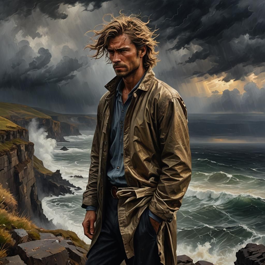 Dramatic Figure at Stormy Cliffside: Impasto Oil Painting