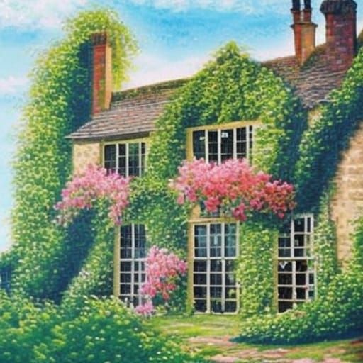 English Manor House in Sunset, Oil Painting