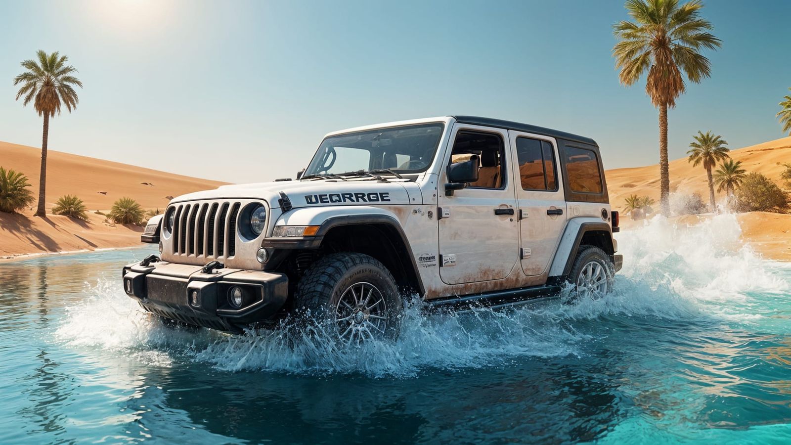 Jeep Navigates Sahara River: Detailed Matte Painting