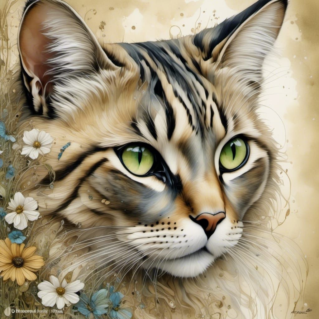 Whimsical Cat Portrait with Giant Green Eyes