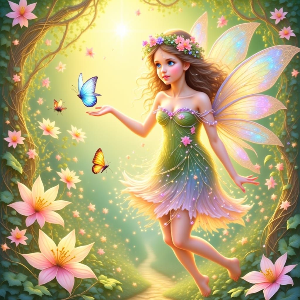 A whimsical illustration of a fairy, adorned with a floral c...