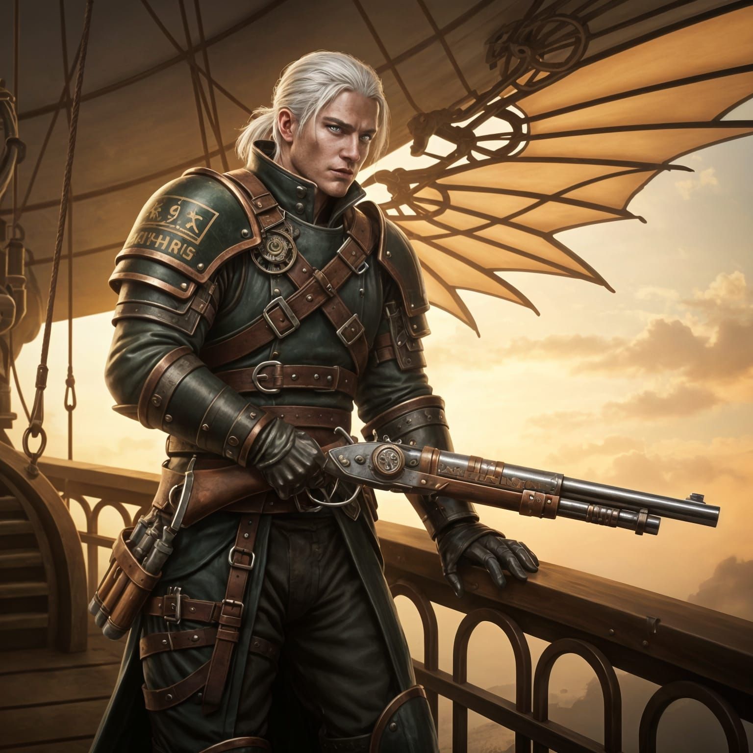 Steampunk Airship Captain with Platinum Hair and Leather Arm...