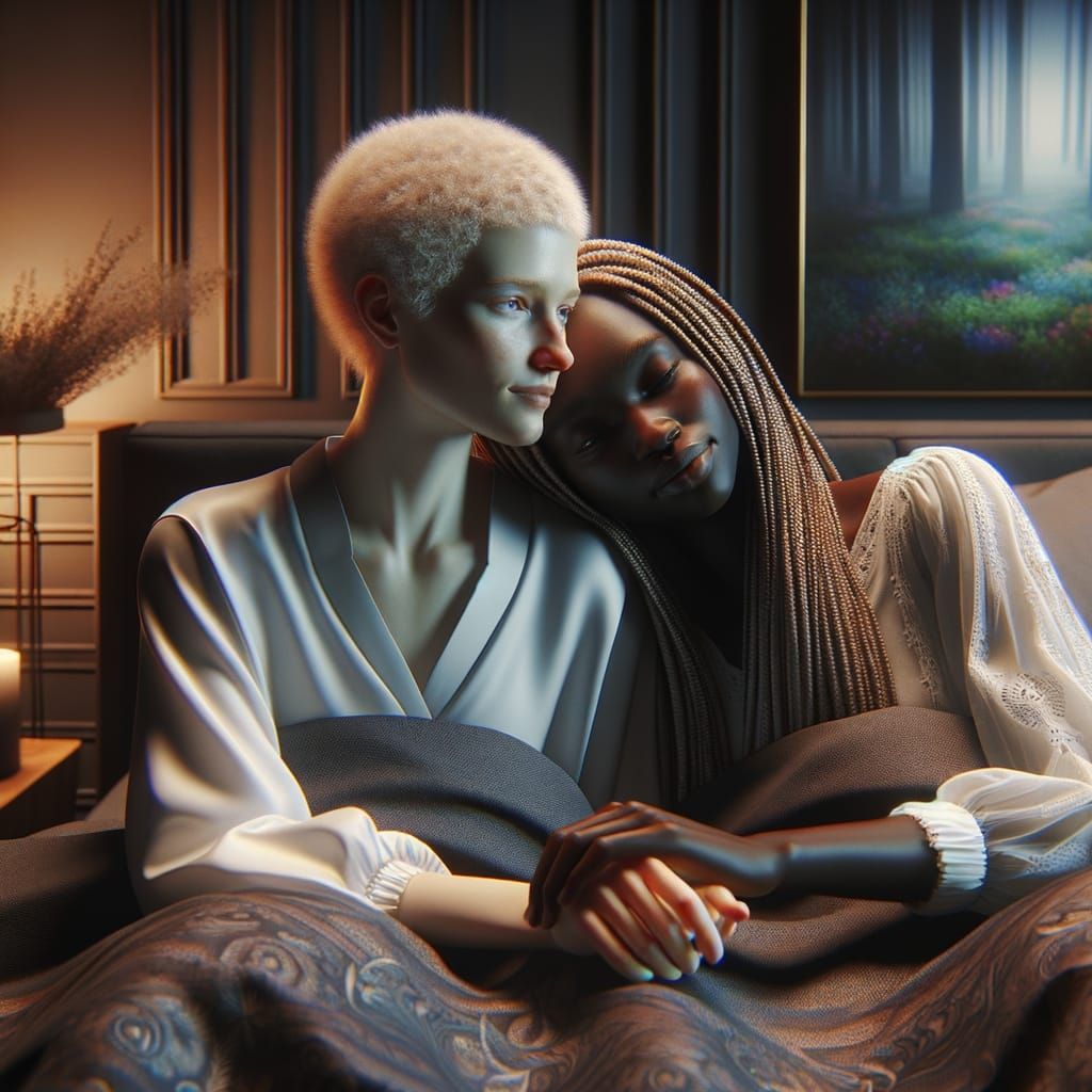 Two Women Cuddling in Bed: Photorealistic Matte Painting