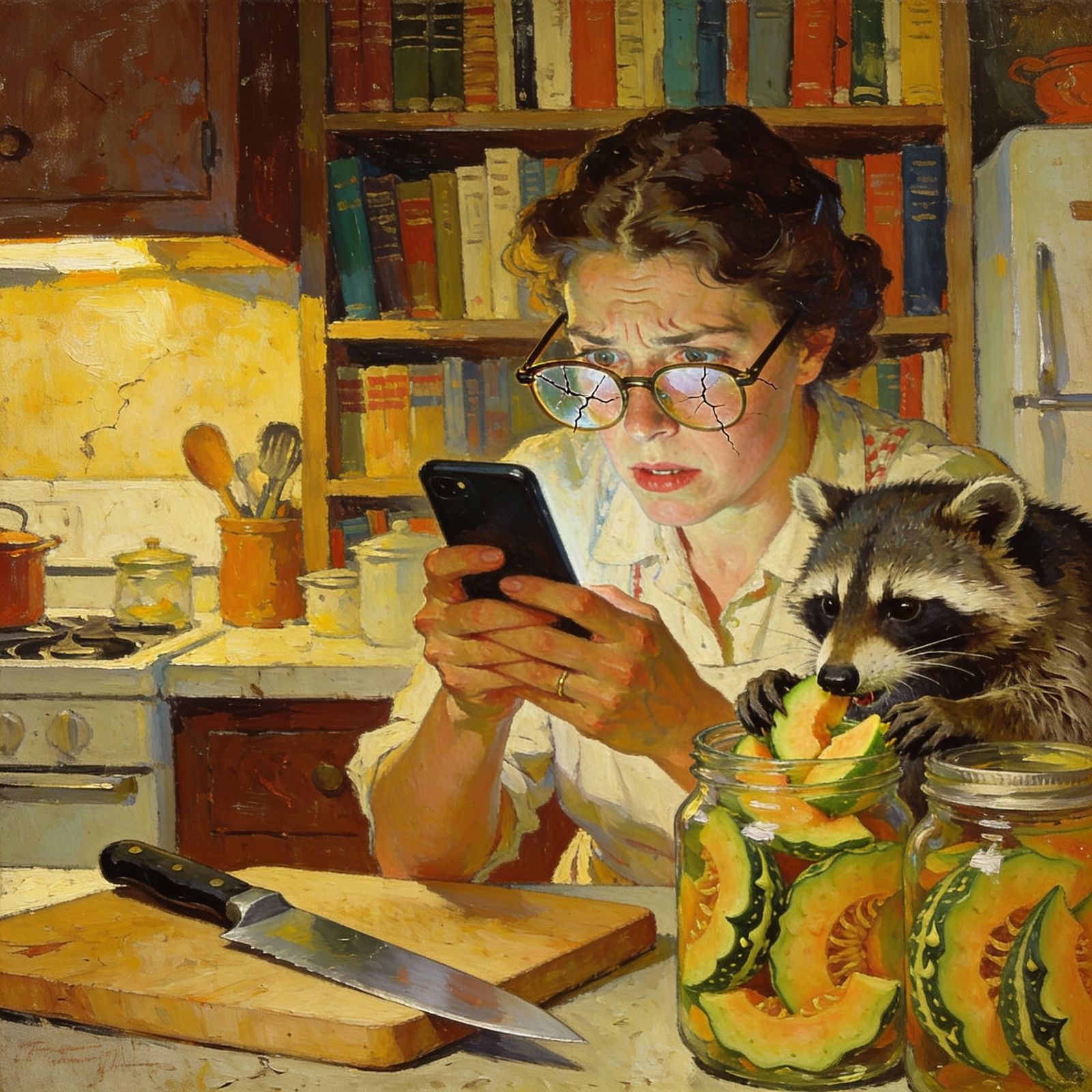 Frustrated Woman Reads Smartphone in Rustic Kitchen