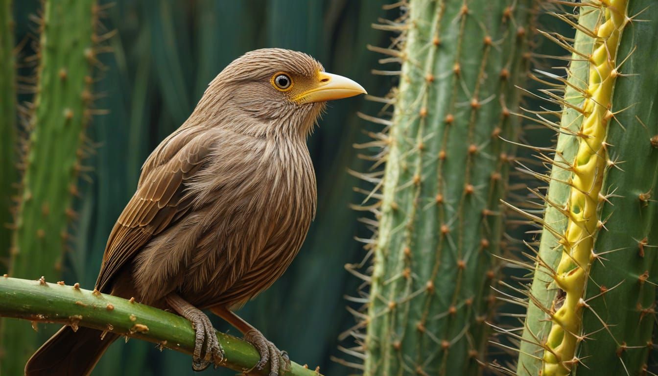 Yellow-Billed Babbler on Cactus - Hyperrealistic Digital Art