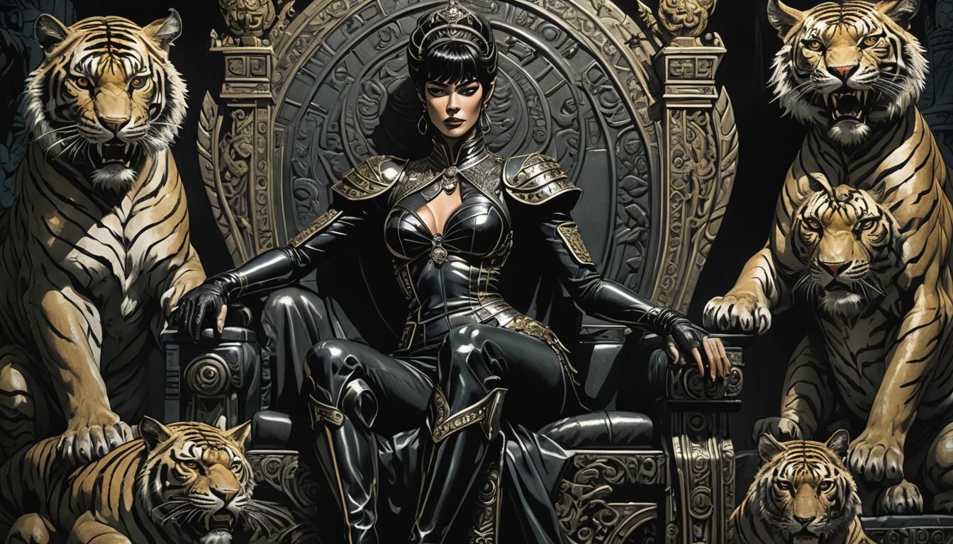 Modesty Blaise on Haematite Throne with Tigers