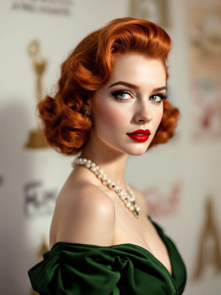 Glamorous 1940s Noir Siren in Emerald Gown