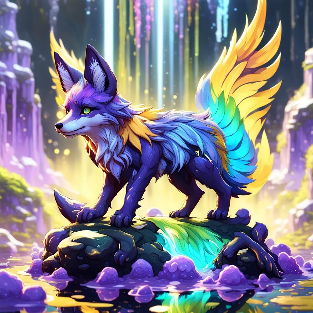 Rainbow Winged Slime Fox Pup: Fantasy Art