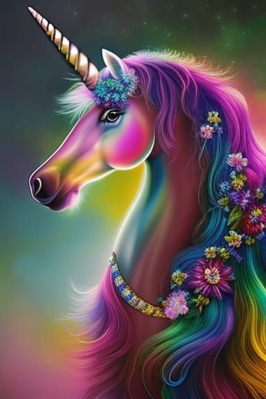 Cosmic Unicorn with Bismuth Flowers in 3D Rendering