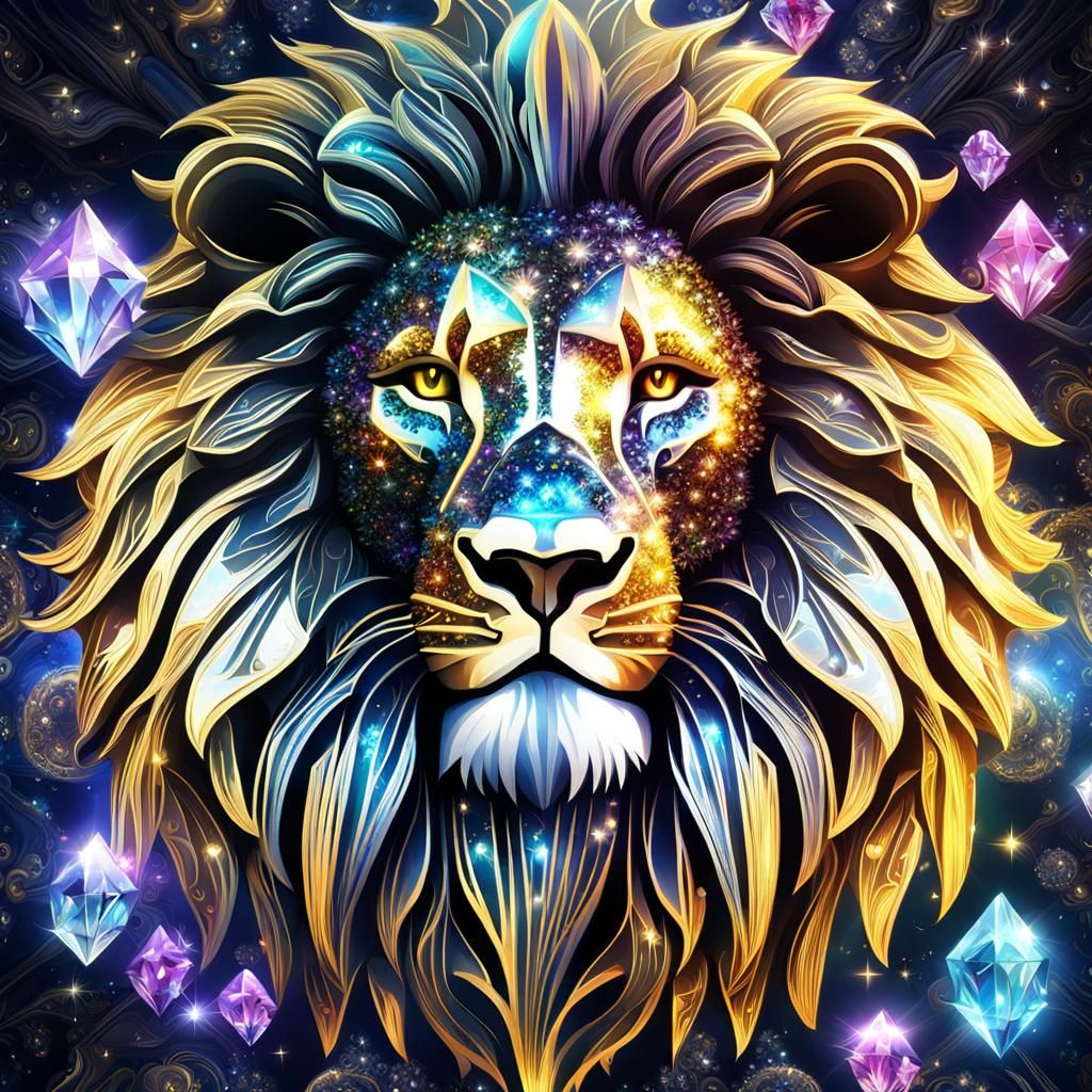 Sparkly Crystal Lion in Digital Oil Painting Style