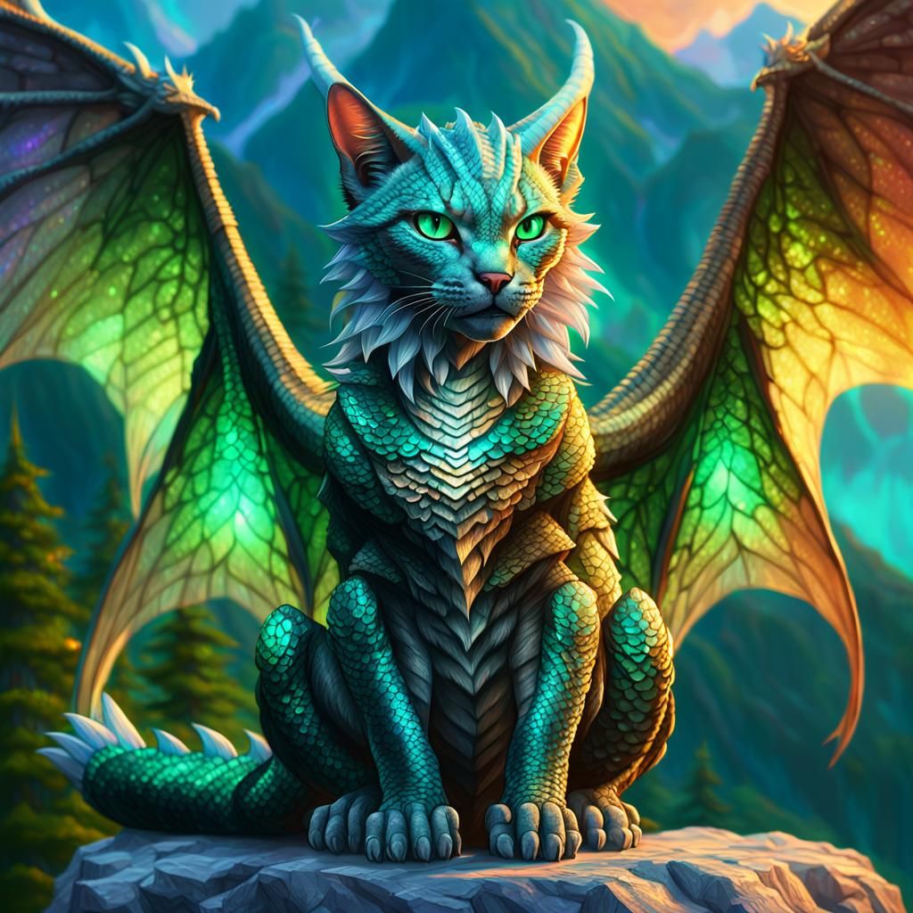 Majestic Cat-Dragon on Mountain Throne in Digital Art