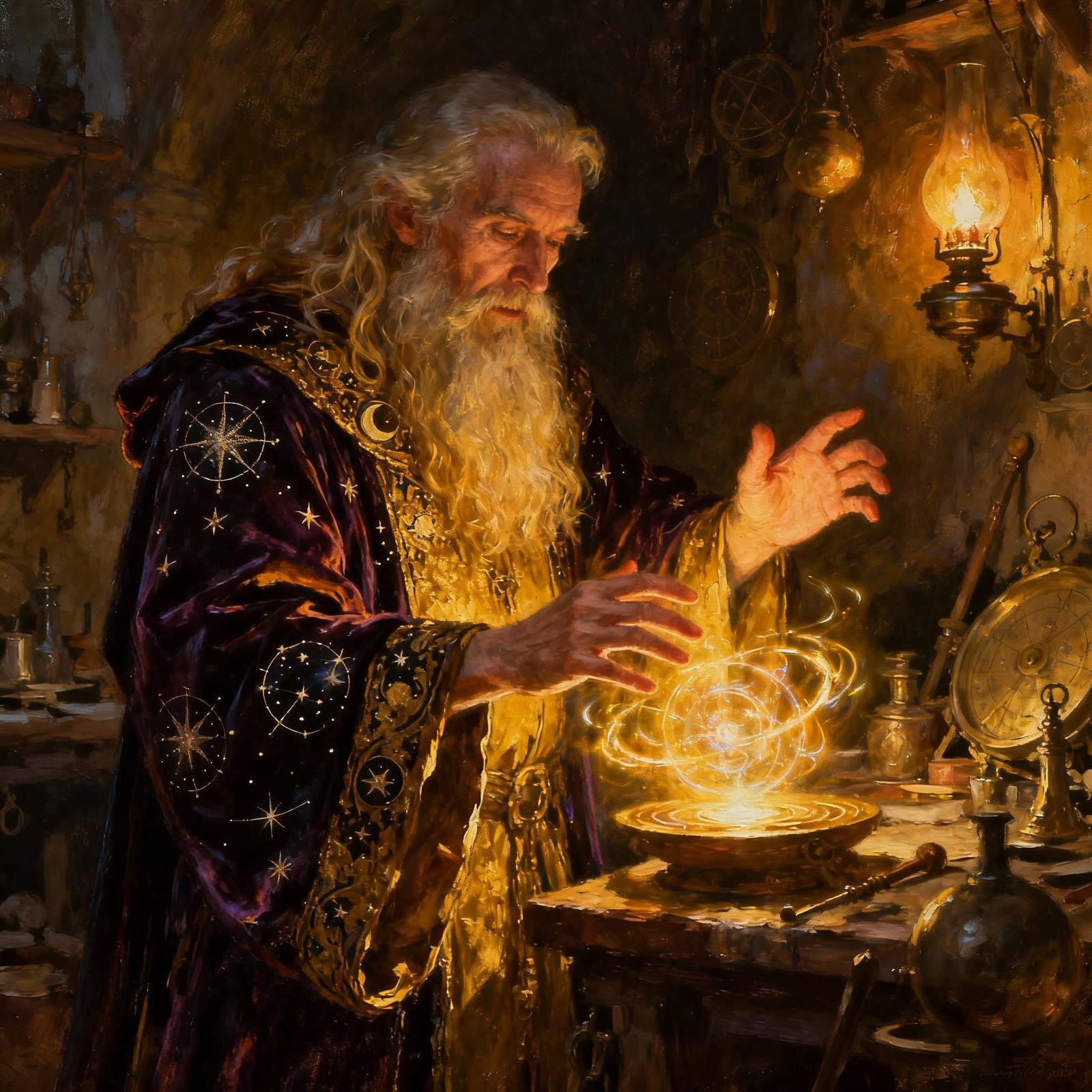 Wise Mage Conjures Spell in Dimly Lit Workshop