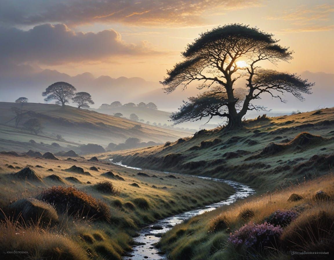 Misty Moorland Landscape in Intricate Detail