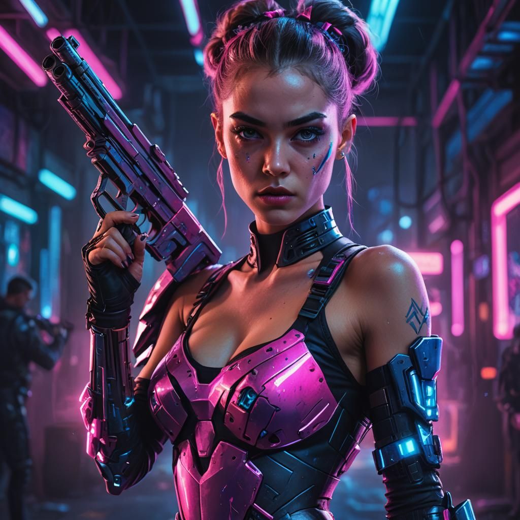 Futuristic Cyberpunk Ballerina with Gun in Matte Painting St...