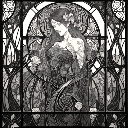 Art Nouveau Black Roses & Orchids on Glass