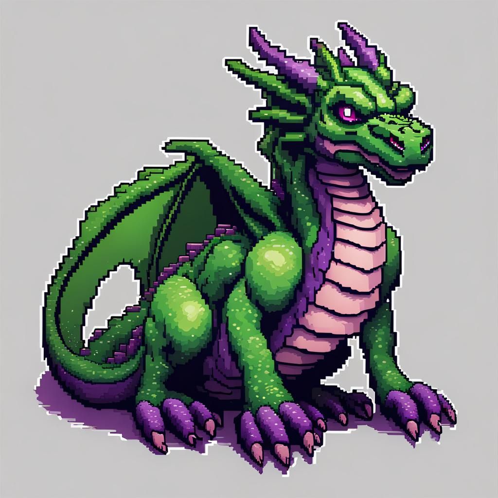 Green Dragon with Purple Eyes in Pixel Art