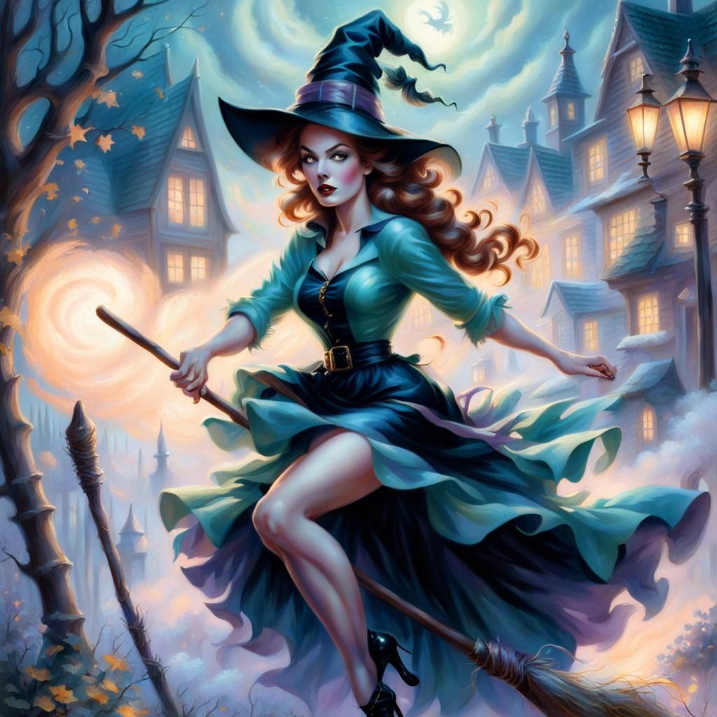 Ethereal Pin-Up Witch Rides Broom in Fantasy Landscape