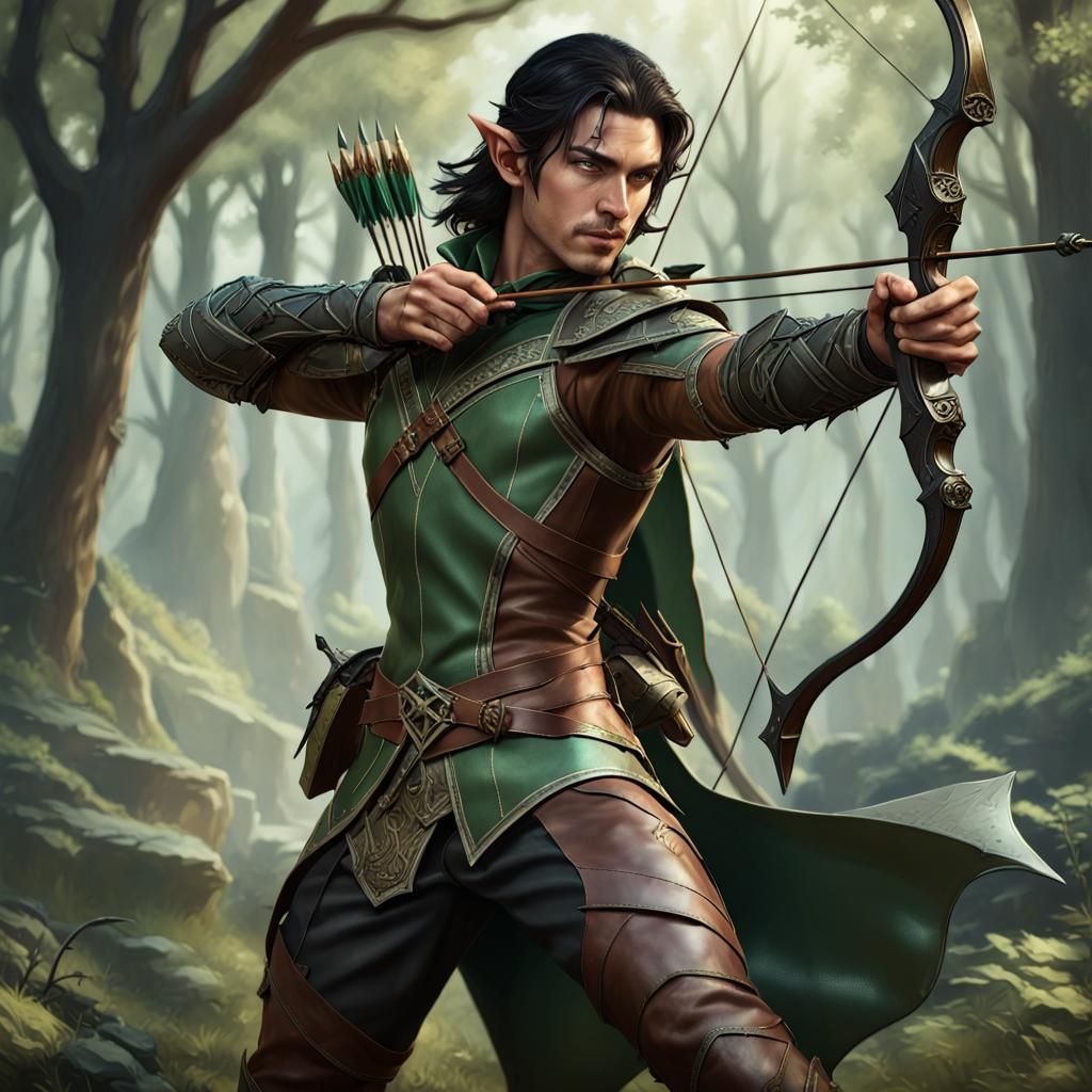 Epic Elven Ranger Shooting Bow: Dark Fantasy Concept Art