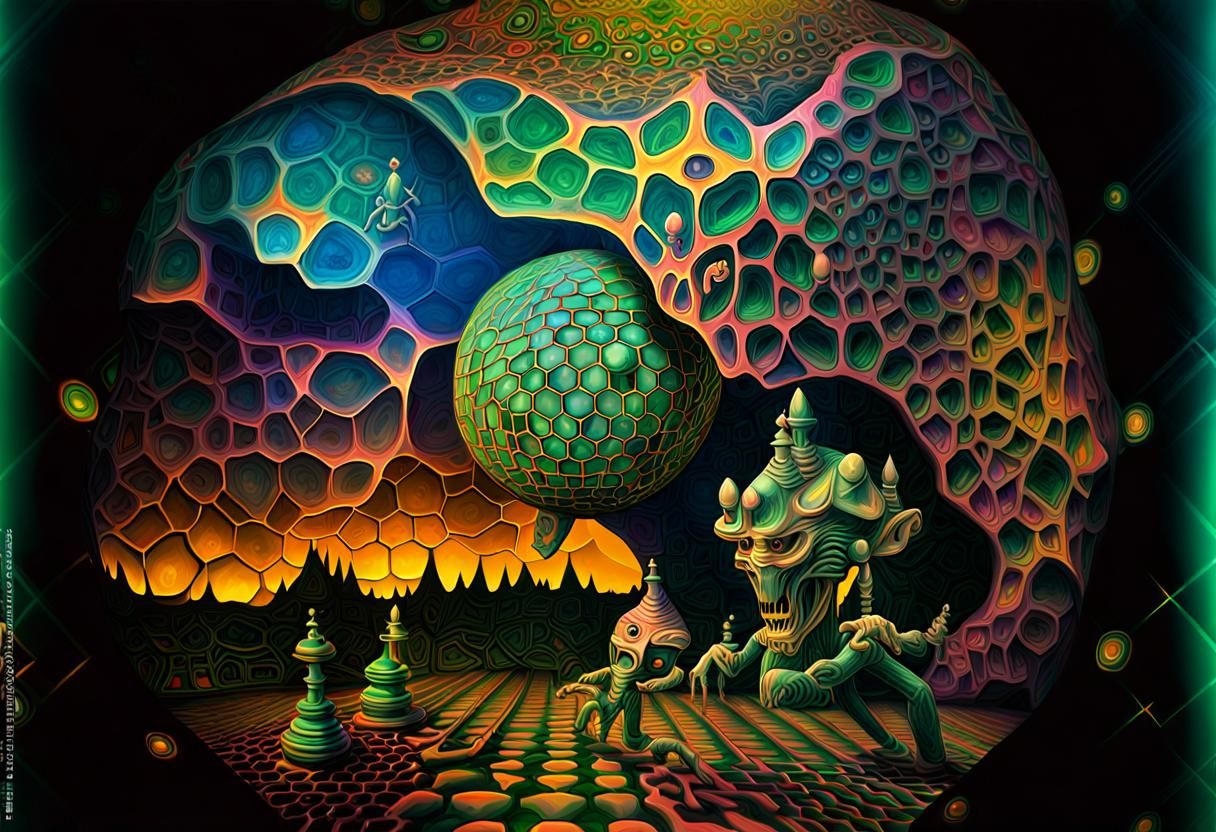 green jesters building ants out of platinium gold and diamonds, honeycomb structure, Mescaline and DMT art, jerome BOSCH...