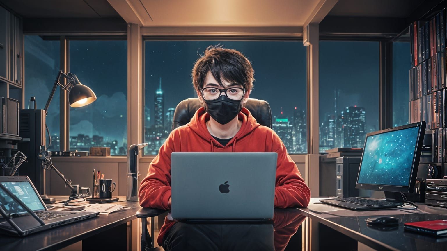 Cyberpunk Businessman in Minimalist Futuristic Night Scene