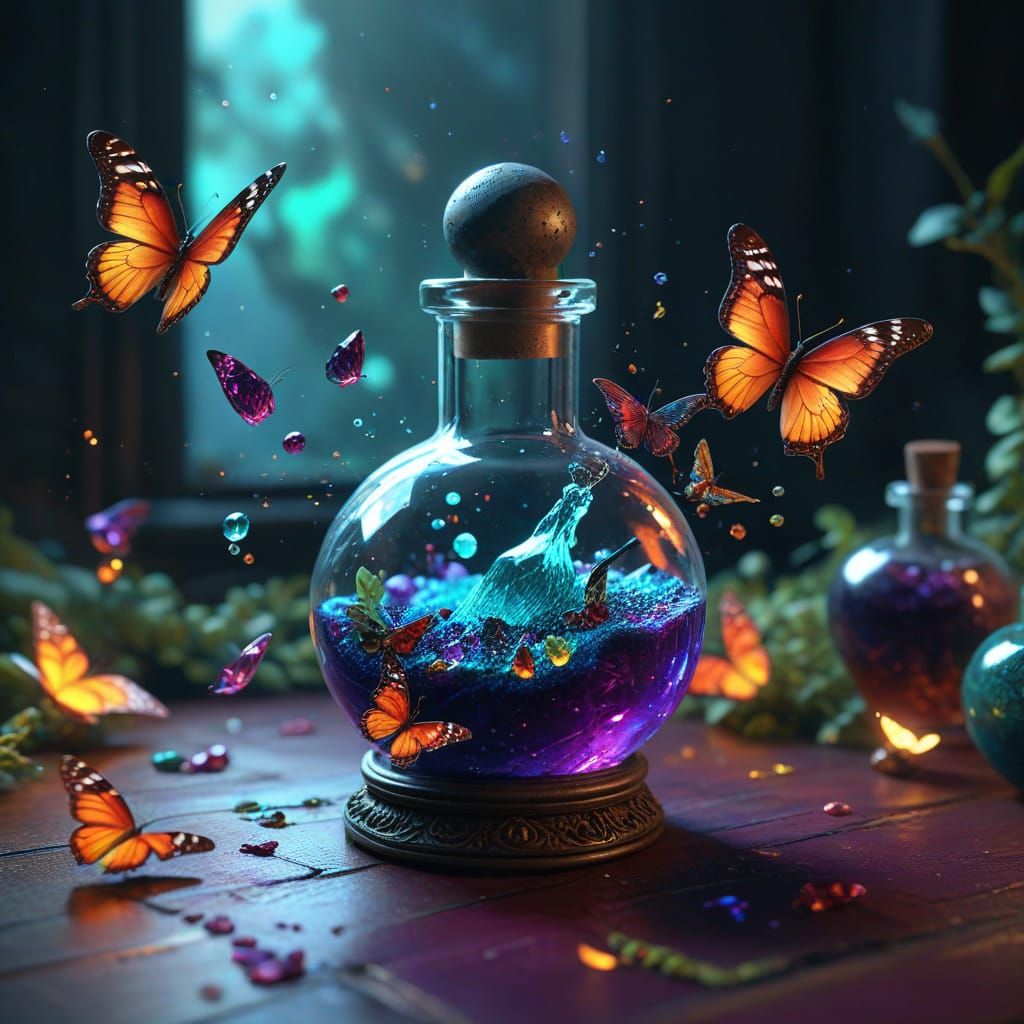 Vibrant Butterflies Emerge from Fantasy Potion Vial