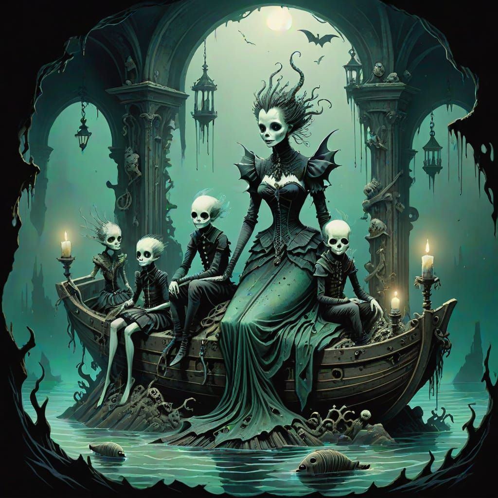 Gothic Merfolk Family Amidst Shipwreck Ruins