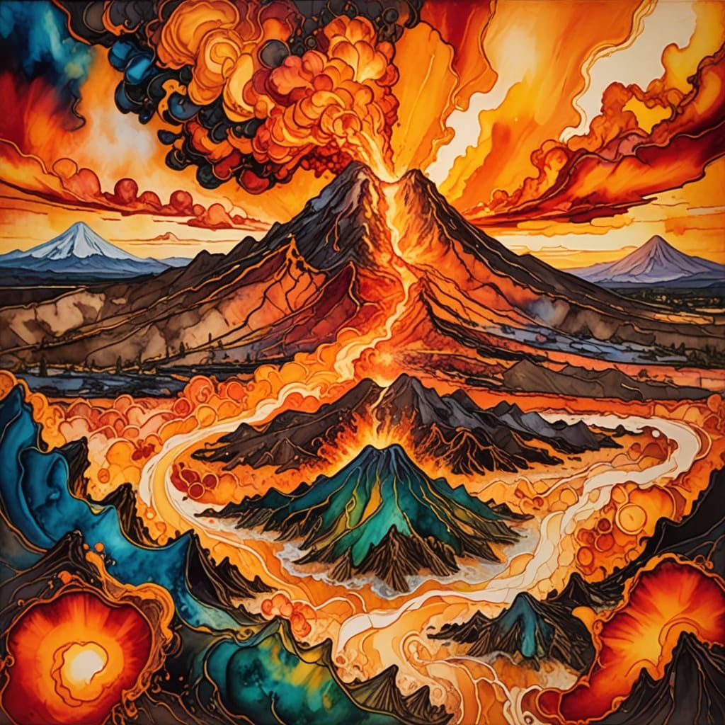 Volcanic Eruption in Encaustic Alcohol Ink Style