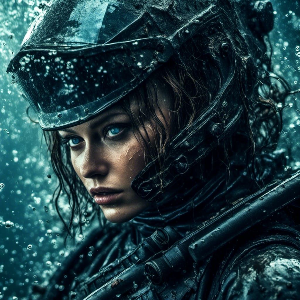 Underwater Assassin in Hyperrealistic Macabre Style