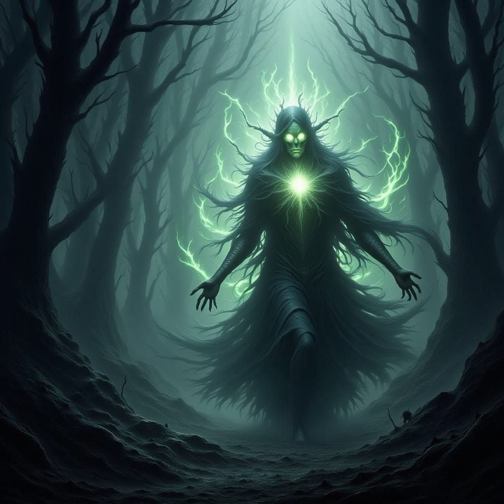 Spectral Wisp Creature Battles Unseen Forces in Ancient Fore...