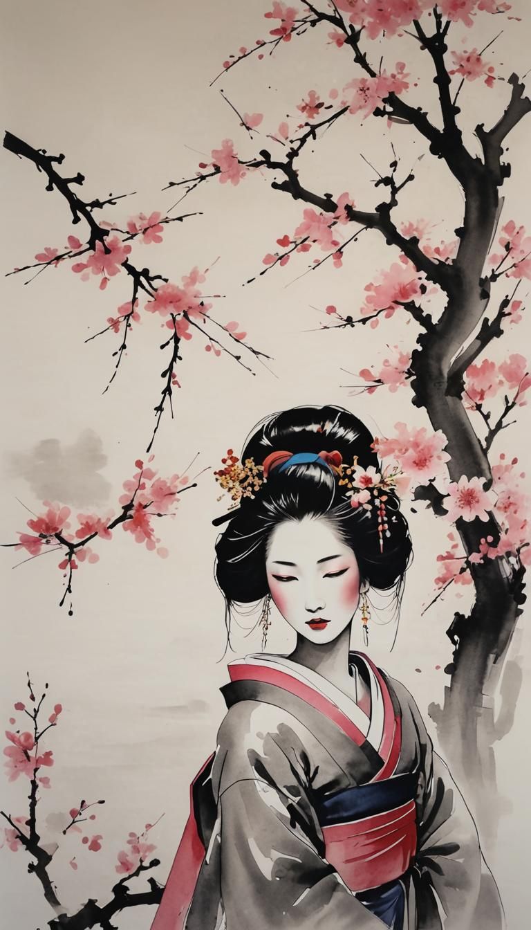 Geisha Portrait in Vibrant Chinese Ink Painting