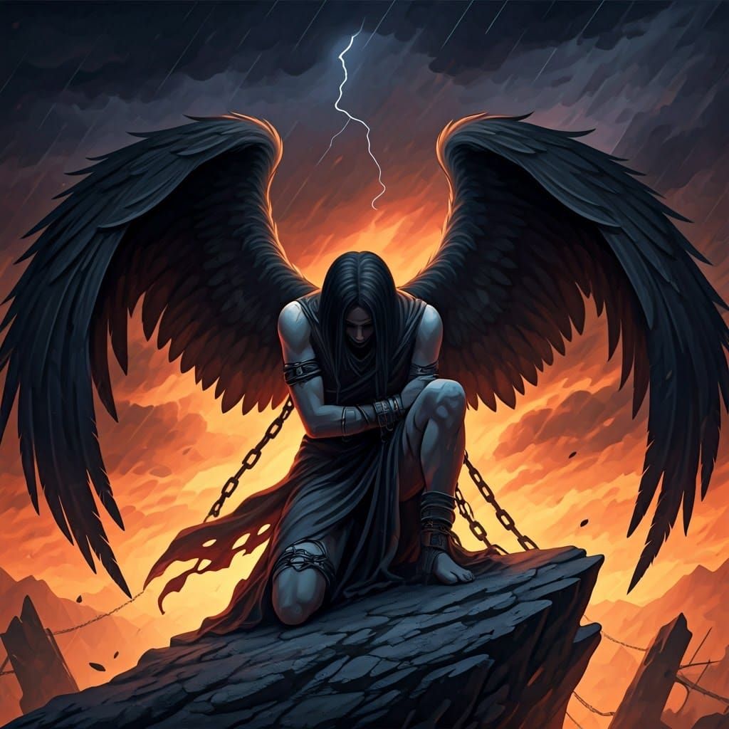 Anguished Angel Kneeling in Apocalyptic Landscape