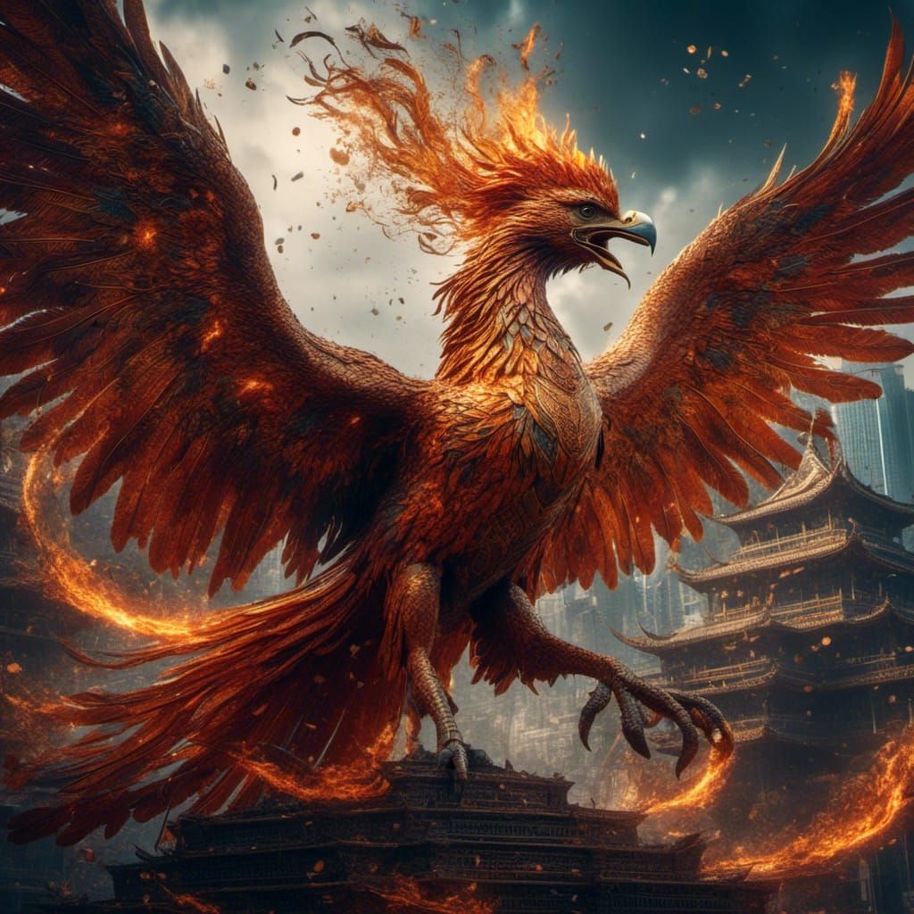 Giant Phoenix Takes Flight: Hyperrealistic HDR Image