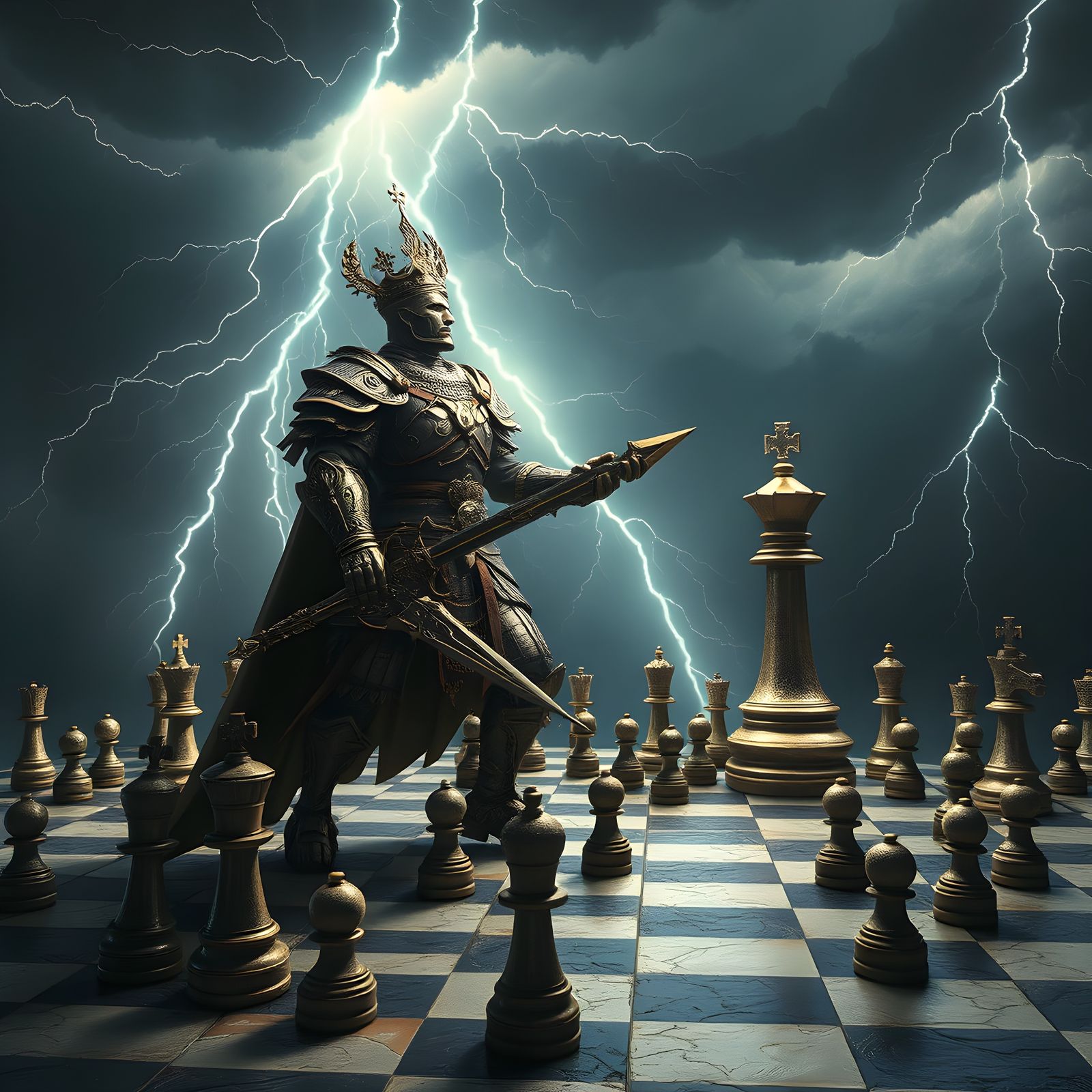 Chess Kings Clash in Stormy Fantasy Art