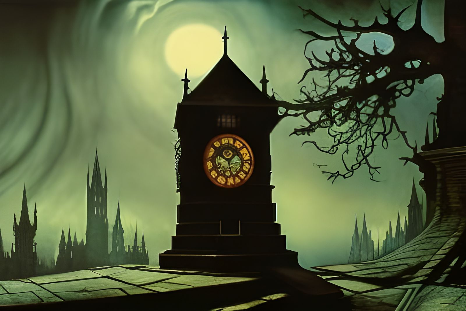 Otherworldly Clock Tower in Oil Painting Style
